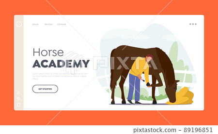 Horse Academy Landing Page Template. Stableman Male Characters Care of Purebred Horse Cleaning Hooves Horse Academy Landing Page Template. Stableman Male Characters Care of Purebred Horse Cleaning Hooves 89196851