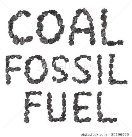 Coal fossil fuel inscription made from black stone anthracite coal isolated on white background top view. 89196969