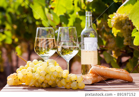 glass of White wine ripe grapes and bread on table in vineyard glass of White wine ripe grapes and bread on table in vineyard 89197152