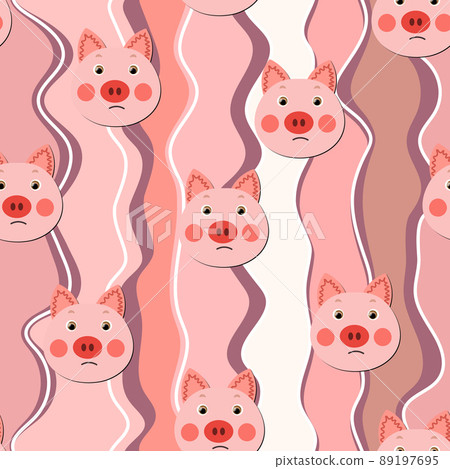 Vector flat animals colorful illustration for kids. Seamless pattern with cute pig face on color floral background. Adorable cartoon character. Design for textures, card, poster, fabric, textile Vector flat animals colorful illustration for kids. Seamless pattern with cute pig face on color floral background. Adorable cartoon character. Design for textures, card, poster, fabric, textile 89197695