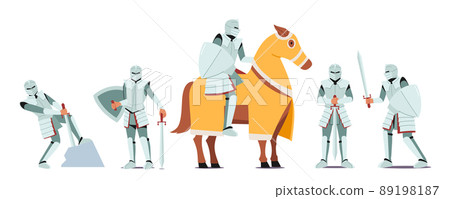 Set of Medieval Knights Wear Armor and Sword. Ancient Soldier Pull Saber from Stone, Ride Horse, Historical Character 89198187