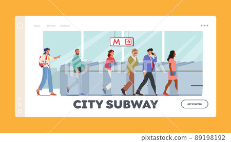 City Subway Landing Page Template. Characters Use Public Transport. People Go Through Turnstile Entrance City Subway Landing Page Template. Characters Use Public Transport. People Go Through Turnstile Entrance 89198192