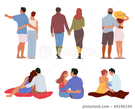 Set of Happy Men and Women Love, Embracing and Hugging Rear View. Loving Couples Hug, Walk, Sitting on Plaid Set of Happy Men and Women Love, Embracing and Hugging Rear View. Loving Couples Hug, Walk, Sitting on Plaid 89198194