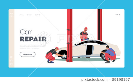 Car Repair Landing Page Template. Male Characters Wear Uniform Replace Tyres at Mechanic Workshop. Roadside Service Car Repair Landing Page Template. Male Characters Wear Uniform Replace Tyres at Mechanic Workshop. Roadside Service 89198197