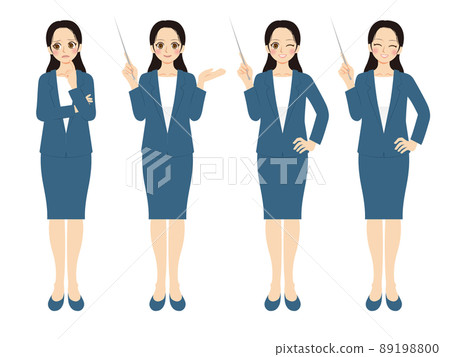 Working woman illustration set, whole body, dark blue suit, black hair 89198800