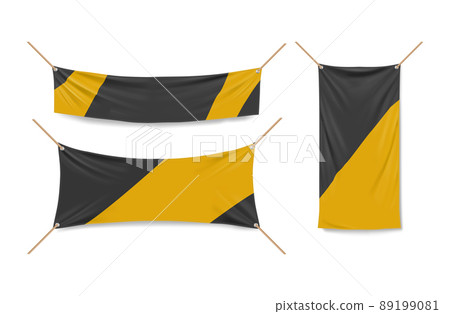 Yellow and black vinyl banners hanging with ropes Yellow and black vinyl banners hanging with ropes 89199081