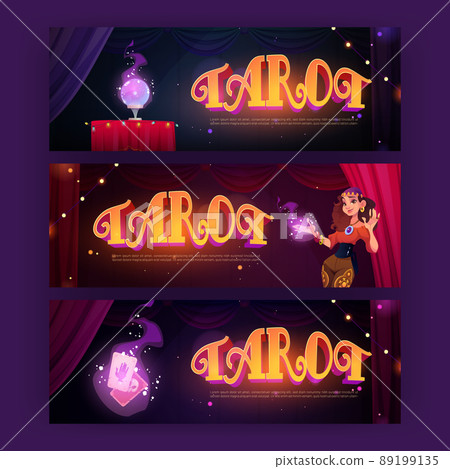 Tarot cards divination cartoon banners with gypsy Tarot cards divination cartoon banners with gypsy 89199135