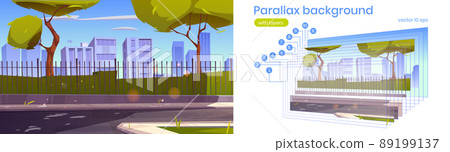 Parallax background with city street and garden Parallax background with city street and garden 89199137