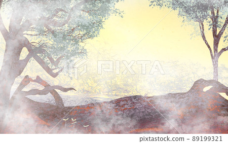 神秘的黎明霧森林芽日本紙紋理背景插圖 89199321