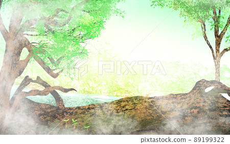 神秘的霧林發芽和喃喃的日本紙紋理背景插圖 神秘的霧林發芽和喃喃的日本紙紋理背景插圖 89199322