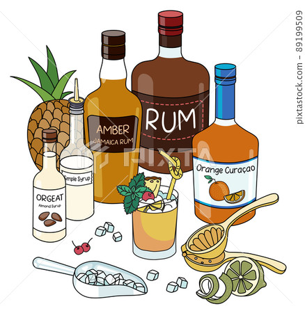 Doodle cartoon Mai Tai cocktail and ingredients composition. Two types of rum, Orgeat almond syrup, Orange Curacao, sugar syrup and lime. For bar menu, stickers or alcohol cook book recipe. 89199509