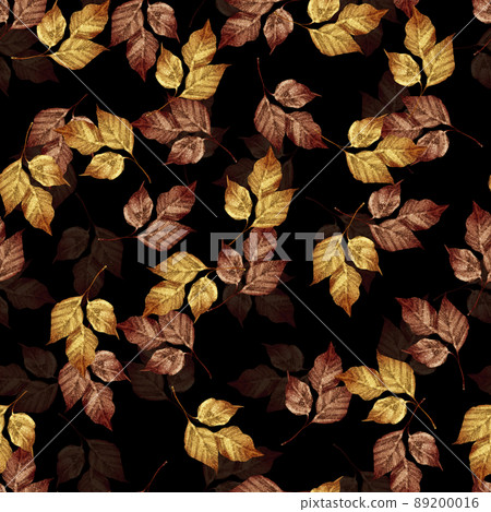 Floral seamless pattern with brown and gold leaves on black. Decorative background. 89200016