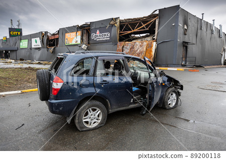 Hostomel, Kyev region Ukraine - 09.04.2022: Cities of Ukraine after the Russian occupation. On the streets of Hostomel. Shot cars. Irpin, Bucha, Gostomel. Hostomel, Kyev region Ukraine - 09.04.2022: Cities of Ukraine after the Russian occupation. On the streets of Hostomel. Shot cars. Irpin, Bucha, Gostomel. 89200118