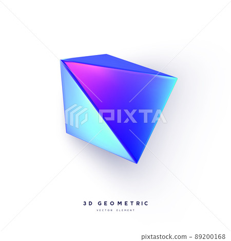 3d render realistic primitive. Glossy holographic geometric shape isolated on white background. Iridescent trendy design, thin film effect. Vector. 89200168