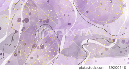 Purple and pastel grey liquid marble watercolor background with gold lines. Violet elegant minimal modern canvas wallpaper with paint brush pattern. Vector illustration, watercolour design 89200548