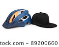 Bike helmet and a baseball snapback hat side by side 89200660