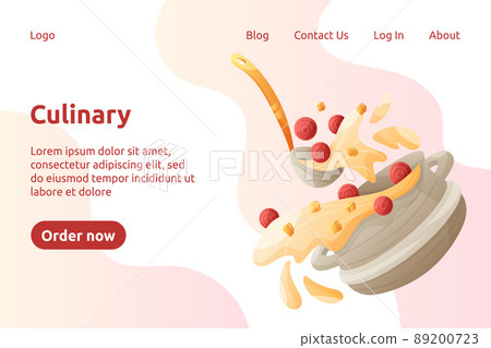 Pot of vegetable soup vector cartoon landing page template. Stainless saucepan and ladle with fresh chopped veggies. Kitchenware website design. 89200723