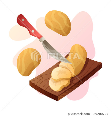 Kitchen knife slice potato on wooden cutting board vector cartoon illustration. Slicing vegetables. Prepare for cooking. Chopped fresh nutrition. 89200727