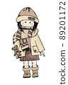 Cutie doll dressed in warm autumn outfit holding teddy bear in her hand 89201172