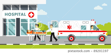 Medicine paramedics ambulance concept with emergency rescue team and injured patient in flat style. Medicine paramedics ambulance concept with emergency rescue team and injured patient in flat style. 89201197