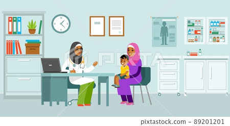 Pediatrician doctor concept. Young muslim woman practitioner and happy family with mother and kid in flat style. Pediatrician doctor concept. Young muslim woman practitioner and happy family with mother and kid in flat style. 89201201