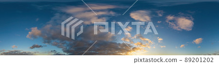 Panorama of a dark blue sunset sky with golden Cumulus clouds. Seamless hdr 360 panorama in spherical equiangular format. Full zenith for 3D visualization, sky replacement for aerial drone panoramas. Panorama of a dark blue sunset sky with golden Cumulus clouds. Seamless hdr 360 panorama in spherical equiangular format. Full zenith for 3D visualization, sky replacement for aerial drone panoramas. 89201202