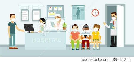 Doctor and patients in protective face masks in hospital hall. Covid-19. Doctor and patients in protective face masks in hospital hall. Covid-19. 89201203