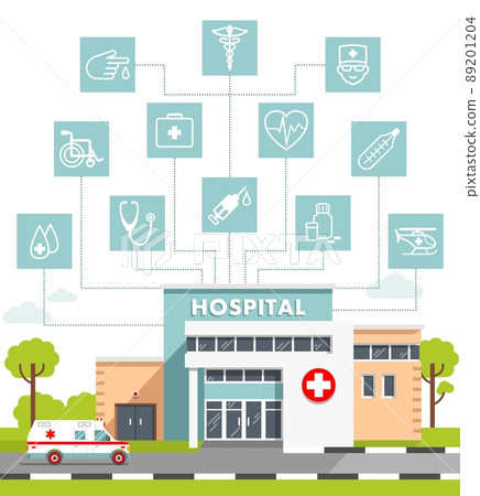 Medical concept with icons set and hospital building in flat style. Medical concept with icons set and hospital building in flat style. 89201204