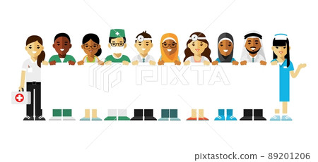 Medicine team concept with different doctors and blank banner with copy space for text. Medicine team concept with different doctors and blank banner with copy space for text. 89201206
