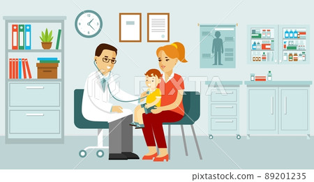 Pediatrician doctor concept. Young man practitioner and happy family with mother and kid in flat style. 89201235