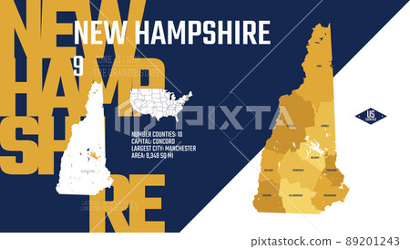 9 of 50 states of the United States, divided into counties with territory nicknames, Detailed vector New Hampshire Map with name and date admitted to the Union, travel poster and postcard 9 of 50 states of the United States, divided into counties with territory nicknames, Detailed vector New Hampshire Map with name and date admitted to the Union, travel poster and postcard 89201243