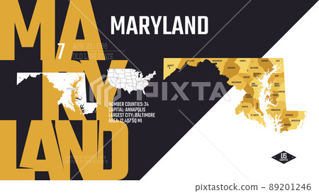 7 of 50 states of the United States, divided into counties with territory nicknames, Detailed vector Maryland Map with name and date admitted to the Union, travel poster and postcard 7 of 50 states of the United States, divided into counties with territory nicknames, Detailed vector Maryland Map with name and date admitted to the Union, travel poster and postcard 89201246