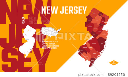 3 of 50 states of the United States, divided into counties with territory nicknames, Detailed vector New Jersey Map with name and date admitted to the Union, travel poster and postcard 3 of 50 states of the United States, divided into counties with territory nicknames, Detailed vector New Jersey Map with name and date admitted to the Union, travel poster and postcard 89201250