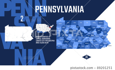 2 of 50 states of the United States, divided into counties with territory nicknames, Detailed vector Pennsylvania Map with name and date admitted to the Union, travel poster and postcard 89201251