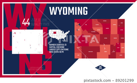 44 of 50 states of the United States, divided into counties with territory nicknames, Detailed vector Wyoming Map with name and date admitted to the Union, travel poster and postcard 89201299