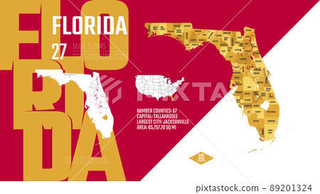 27 of 50 states of the United States, divided into counties with territory nicknames, Detailed vector Florida Map with name and date admitted to the Union, travel poster and postcard 27 of 50 states of the United States, divided into counties with territory nicknames, Detailed vector Florida Map with name and date admitted to the Union, travel poster and postcard 89201324