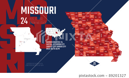 24 of 50 states of the United States, divided into counties with territory nicknames, Detailed vector Missouri Map with name and date admitted to the Union, travel poster and postcard 89201327
