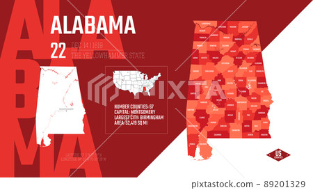 22 of 50 states of the United States, divided into counties with territory nicknames, Detailed vector Alabama Map with name and date admitted to the Union, travel poster and postcard 22 of 50 states of the United States, divided into counties with territory nicknames, Detailed vector Alabama Map with name and date admitted to the Union, travel poster and postcard 89201329
