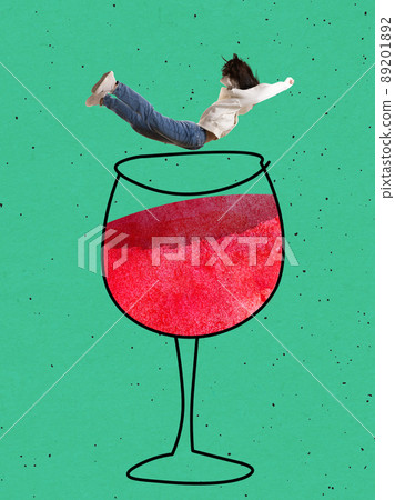 Contemporary art collage. Young woman falling into drawn glass of wine isolated over green background Contemporary art collage. Young woman falling into drawn glass of wine isolated over green background 89201892
