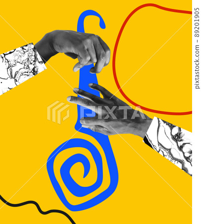 Contemporary art collage. Concept of music lifestyle, creativity, inspiration, imagination, ad. Human hands on bright blue and yellow abstract background Contemporary art collage. Concept of music lifestyle, creativity, inspiration, imagination, ad. Human hands on bright blue and yellow abstract background 89201905