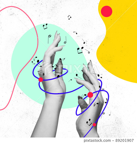 Contemporary art collage. Concept of music lifestyle, creativity, inspiration, imagination, ad. Female hands on light abstract background Contemporary art collage. Concept of music lifestyle, creativity, inspiration, imagination, ad. Female hands on light abstract background 89201907