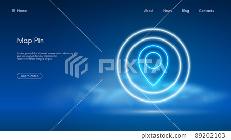 Location pin, GPS navigator geotag locator mark of map, futuristic technology with blue neon glow in the smoke, vector business background Location pin, GPS navigator geotag locator mark of map, futuristic technology with blue neon glow in the smoke, vector business background 89202103