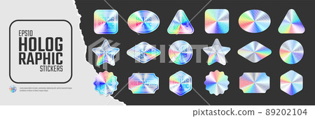 Iridescent color holographic stickers, set of quality hologram rainbow shiny emblems of various different shapes, Vector illustration mockup design labels tags Iridescent color holographic stickers, set of quality hologram rainbow shiny emblems of various different shapes, Vector illustration mockup design labels tags 89202104