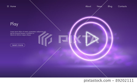 Glowing play button sign, start video mark in circle, live streaming media, futuristic technology with violet neon glow in the smoke, vector business background Glowing play button sign, start video mark in circle, live streaming media, futuristic technology with violet neon glow in the smoke, vector business background 89202111