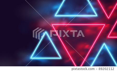 Glowing geometric shapes, triangular red and blue neon rays in smoke, cyber background with copy space, cyberpunk futuristic vector illustration 89202112