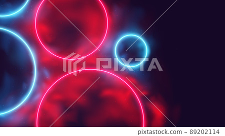 Glowing colored round frames, circular red and blue neon rays in smoke, cyber background with copy space, cyberpunk futuristic vector illustration Glowing colored round frames, circular red and blue neon rays in smoke, cyber background with copy space, cyberpunk futuristic vector illustration 89202114