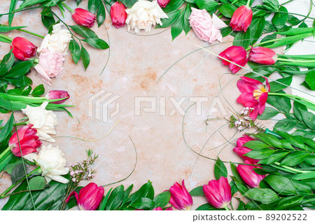 Spring summer border template floral background. Light air delicate artistic image, free space. Spring summer border template floral background. Light air delicate artistic image, free space. 89202522