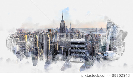 New York City Manhattan midtown aerial panorama view with skyscrapers and blue sky in the day, Digital watercolor painting New York City Manhattan midtown aerial panorama view with skyscrapers and blue sky in the day, Digital watercolor painting 89202543