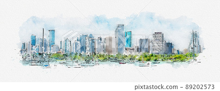 Watercolor digital illustration of Miami Downtown skyline isolated on white background 89202573