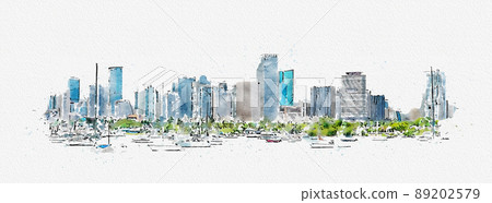 Watercolor digital illustration of Miami Downtown skyline isolated on white background 89202579